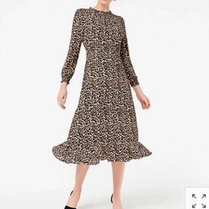 J Crew Ruffle-Neck Midi Peasant Dress Leopard Print Size 2